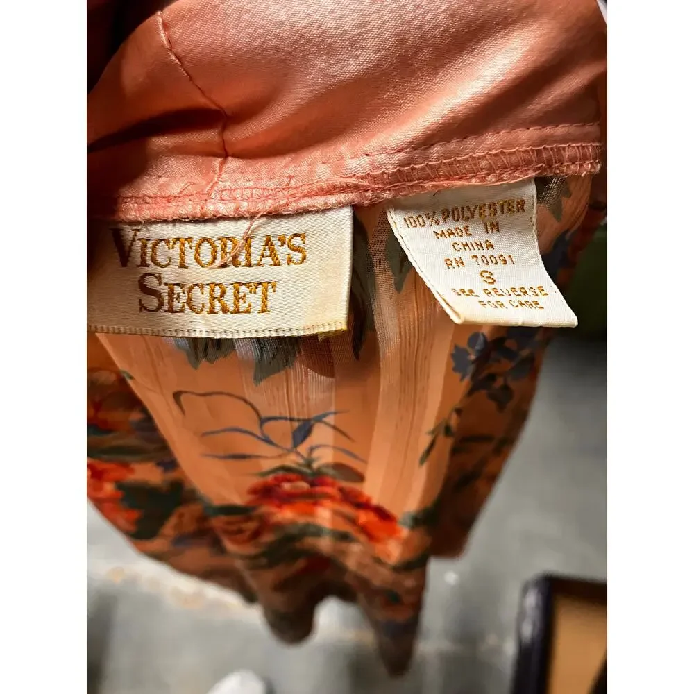 Victoria Secret Gold Label VTG Small Night Shirt Satin Pink Floral ‎ Pajamas